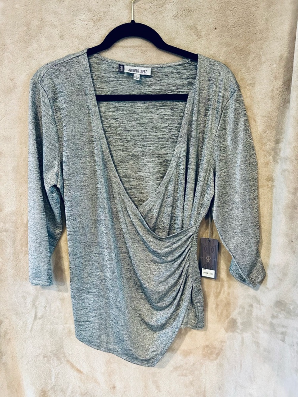 Jennifer Lopez Gray Wrap Top Ruched Stretch Blouse NWT Size Large *Going Out Top